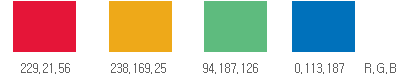 9017 Main Color R.G.B : 229.21.56, 238.169.25, 94.187.126, 0.113.187